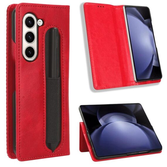 Per Samsung Galaxy Z Fold6 con slot per penna, fibbia magnetica, custodia in pelle con texture retrò (rosso)