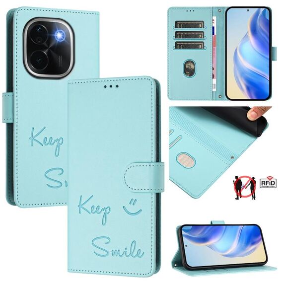 For vivo iQOO Z9s Pro 5G India Smile Embossing RFID Leather Phone Case(Mint Green)