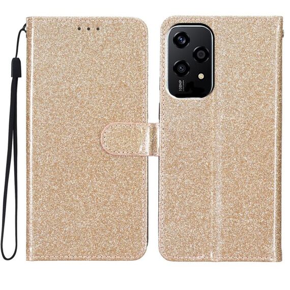 Custodia per telefono in pelle con flip glitterata globale per Honor 200 Lite (oro)