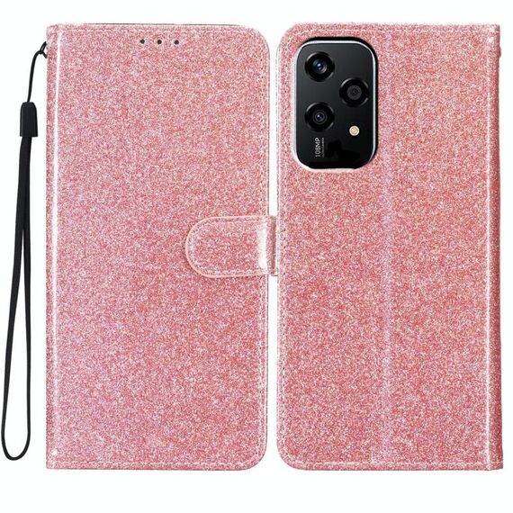 Custodia per telefono in pelle flip glitterata globale per Honor 200 Lite (oro rosa)