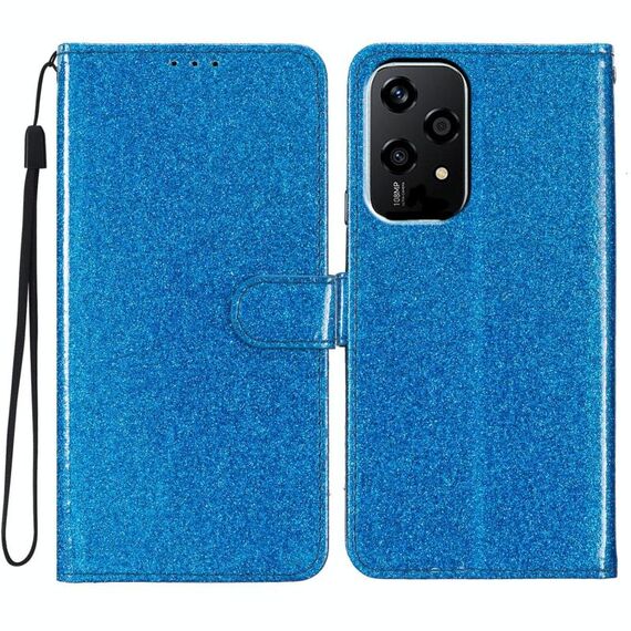 Custodia per telefono in pelle Flip con polvere glitterata globale per Honor 200 Lite (blu)