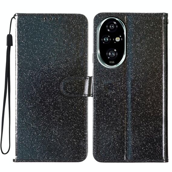 Custodia in pelle flip glitterata per Honor 200 Pro (nera)