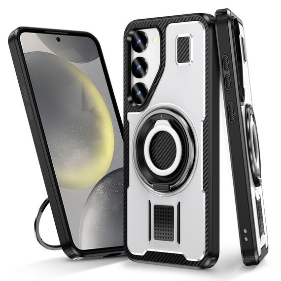 Per Samsung Galaxy S23+ 5G Custodia per telefono con supporto ad anello in fibra di carbonio PC ibrido TPU (bianco)
