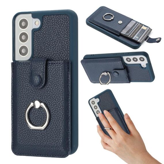 Per Samsung Galaxy S22 5G Litchi Texture Disegno Carta Borsa Anello Custodia per Telefono (Blu)