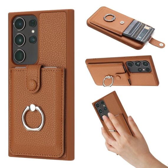 Per Samsung Galaxy S22 Ultra 5G Litchi Texture Disegno Carta Borsa Anello Supporto Custodia per Telefono (Marrone)