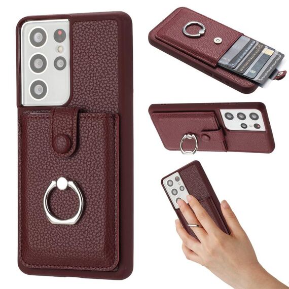 Per Samsung Galaxy S21 Ultra 5G Litchi Texture Disegno Carta Borsa Anello Custodia per Telefono (Rosso Vino)