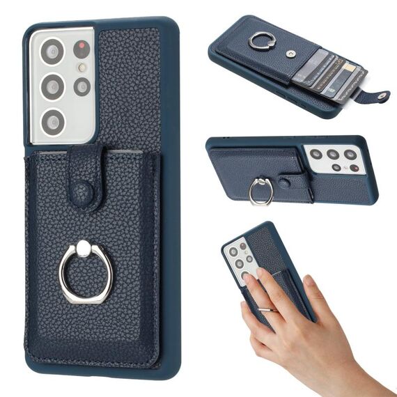 Per Samsung Galaxy S21 Ultra 5G Litchi Texture Disegno Carta Borsa Anello Custodia per Telefono (Blu)