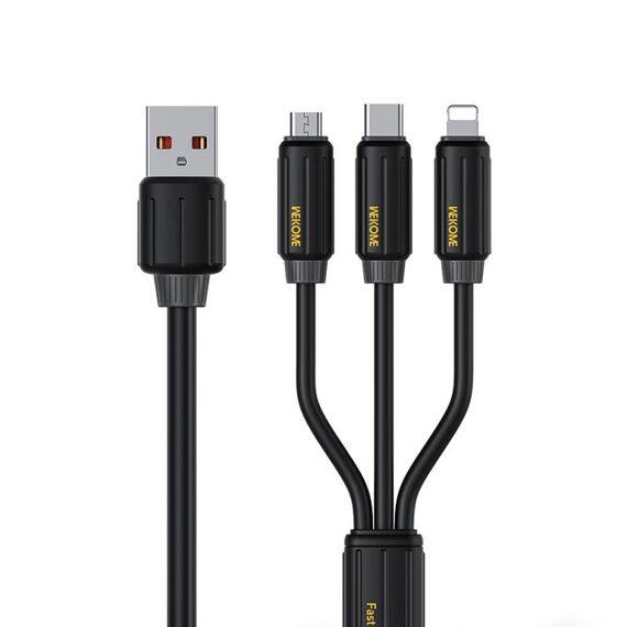 Cavo dati di ricarica rapida WK WDC-30 in silicone elastico da 1,2 m e 66 W, USB a 8 pin/tipo C/micro USB (nero)