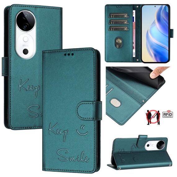 Per vivo S19 Smile Embossing RFID Custodia in pelle per telefono (verde pavone)