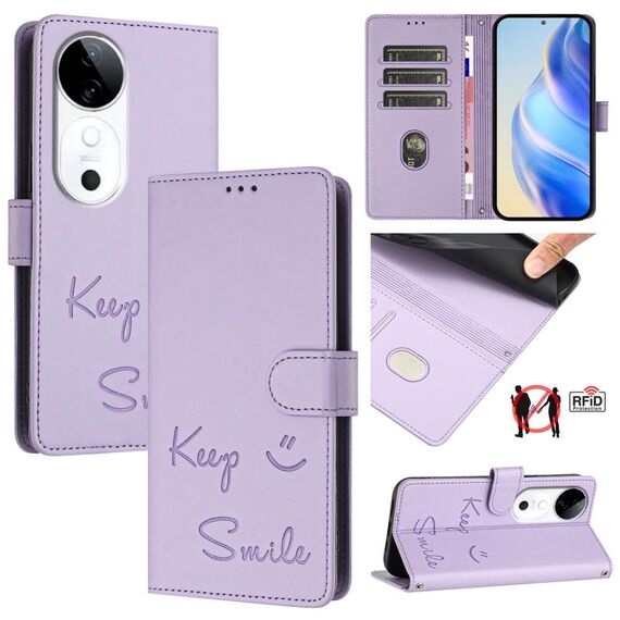 Per vivo S19 Smile Embossing RFID Custodia in pelle per telefono (viola chiaro)