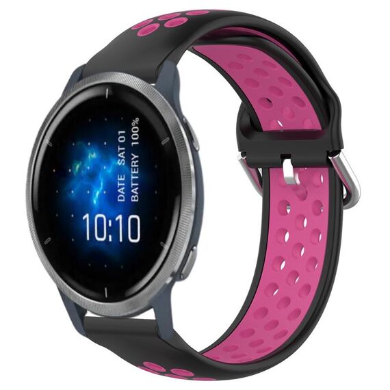 Per Garmin Venu 2 22mm cinturino in silicone sportivo traspirante traforato (nero + rosa rossa)