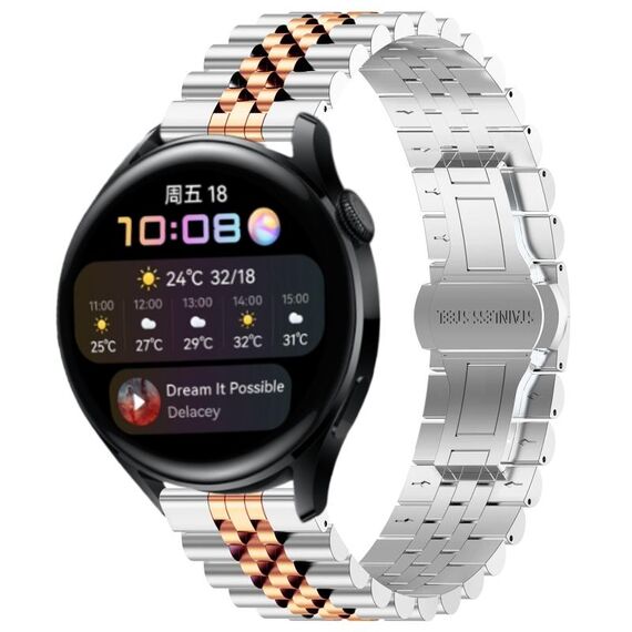 Per Huawei Watch 3/3 Pro Five Bull Mezzo tondo cinturino in acciaio inossidabile + strumento di rimozione cinturino (argento + oro rosa)