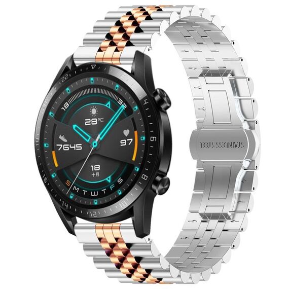 Per Huawei Watch GT 42mm / 46mm / GT2 46mm Cinturino per orologio in acciaio inossidabile semicircolare a cinque tori + strumento per la rimozione del cinturino (argento + oro rosa)