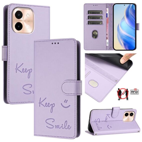 Per vivo Y28 4G Smile Embossing RFID Custodia in pelle per telefono (viola chiaro)