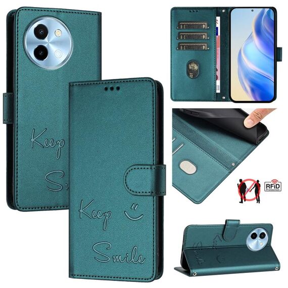 Per vivo Y38 5G Smile Embossing RFID Custodia in pelle per telefono (verde pavone)