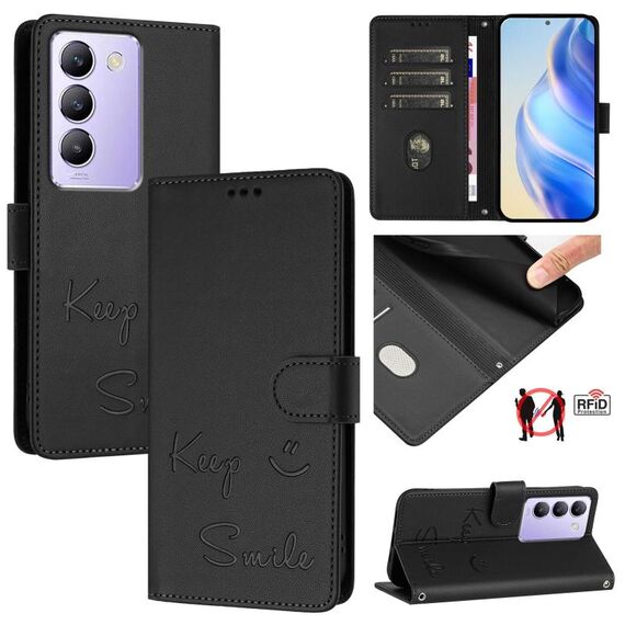 Per vivo Y200E 5G Global Smile Embossing RFID Custodia in pelle per telefono (nero)