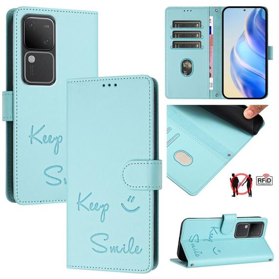 Per vivo V30 5G Global Smile Embossing RFID Custodia in pelle per telefono (verde menta)