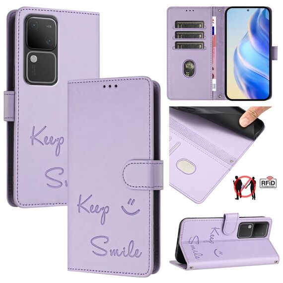 Per vivo V30 5G Global Smile Embossing RFID Custodia in pelle per telefono (viola chiaro)