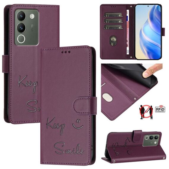 Per vivo V30 Lite 5G Global Smile Embossing RFID Custodia in pelle per telefono (viola)