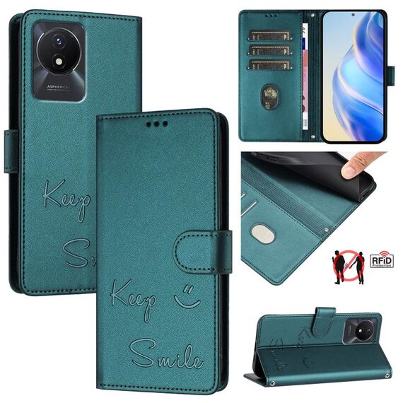Per vivo Y11 2023 / Y02T Smile Embossing RFID Custodia in pelle per telefono (verde pavone)
