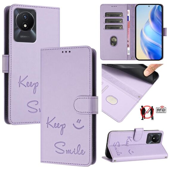 Per vivo Y11 2023 / Y02T Smile Embossing RFID Custodia in pelle per telefono (viola chiaro)