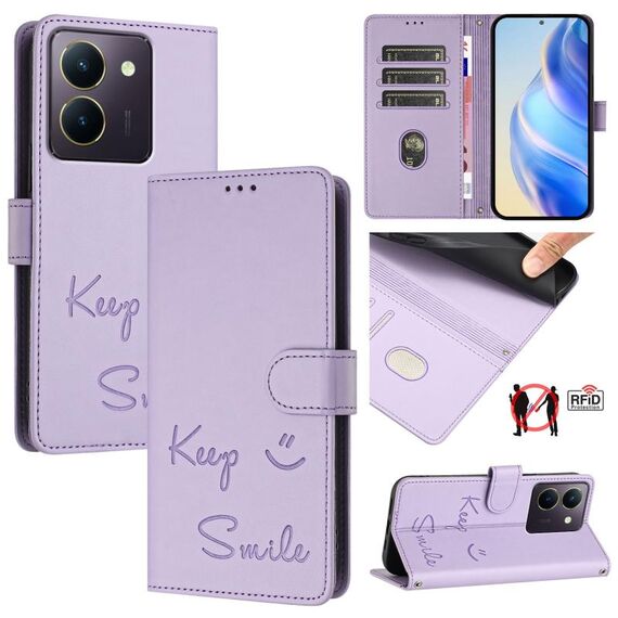 Per vivo Y36 5G Global Smile Embossing RFID Custodia in pelle per telefono (viola chiaro)
