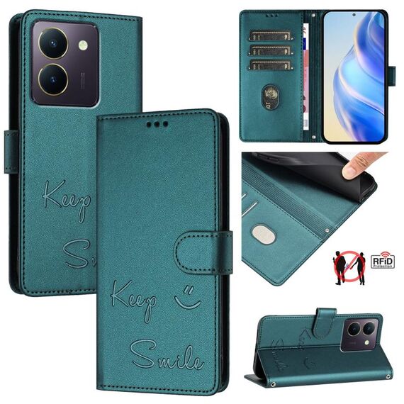 Per vivo Y36 4G Global Smile Embossing RFID Custodia in pelle per telefono (verde pavone)