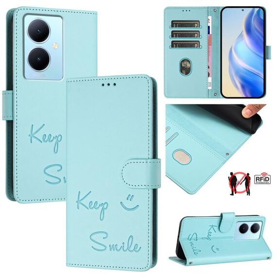 Per vivo Y78 5G Global / V29 Lite Smile Embossing RFID Custodia in pelle per telefono (verde menta)