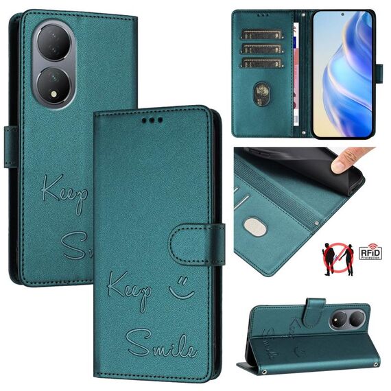 Per vivo Y100 5G Global Smile Embossing RFID Custodia in pelle per telefono (verde pavone)