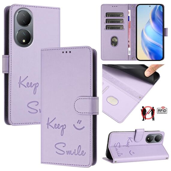 Per vivo Y100 5G Global Smile Embossing RFID Custodia in pelle per telefono (viola chiaro)