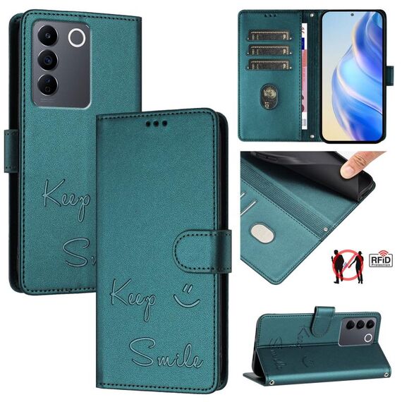 Per vivo V27 5G Global Smile Embossing RFID Custodia in pelle per telefono (verde pavone)