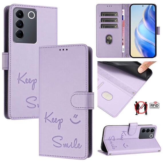 Per vivo V27 5G Global Smile Embossing RFID Custodia in pelle per telefono (viola chiaro)