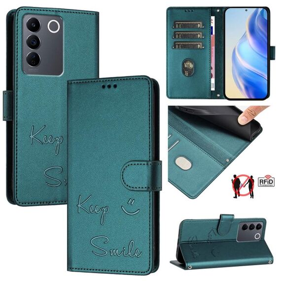 Per vivo T2 4G Global Smile Embossing RFID Custodia in pelle per telefono (verde pavone)