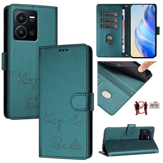 Per vivo Y22S 4G Global Smile Embossing RFID Custodia in pelle per telefono (verde pavone)