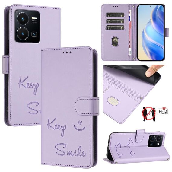 Per vivo Y22S 4G Global Smile Embossing RFID Custodia in pelle per telefono (viola chiaro)