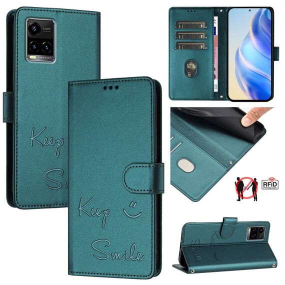 Per vivo Y21 2021 / Y21S / Y21T Smile Embossing RFID Custodia in pelle per telefono (verde pavone)