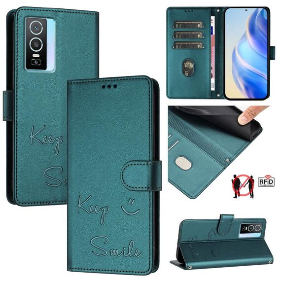 Per vivo Y76 5G Smile Embossing RFID Custodia in pelle per telefono (verde pavone)