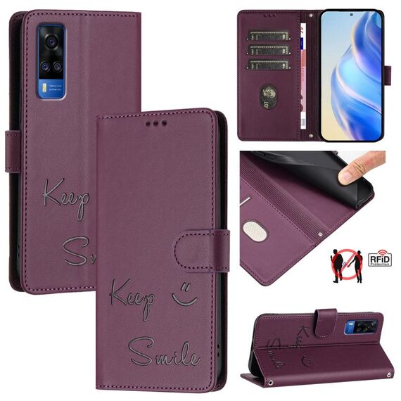 Per vivo Y53S 4G / Y51A 2021 Smile Embossing RFID Custodia in pelle per telefono (viola)
