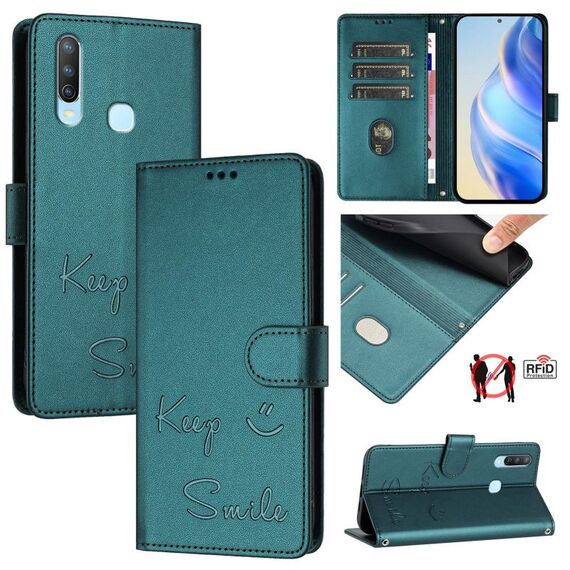 Per vivo Y17 / Y15 / Y12 / Y11 Smile Embossing RFID Custodia in pelle per telefono (verde pavone)
