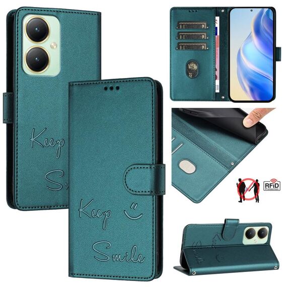 Per vivo Y27 4G 2023 Global Smile Embossing RFID Custodia in pelle per telefono (verde pavone)