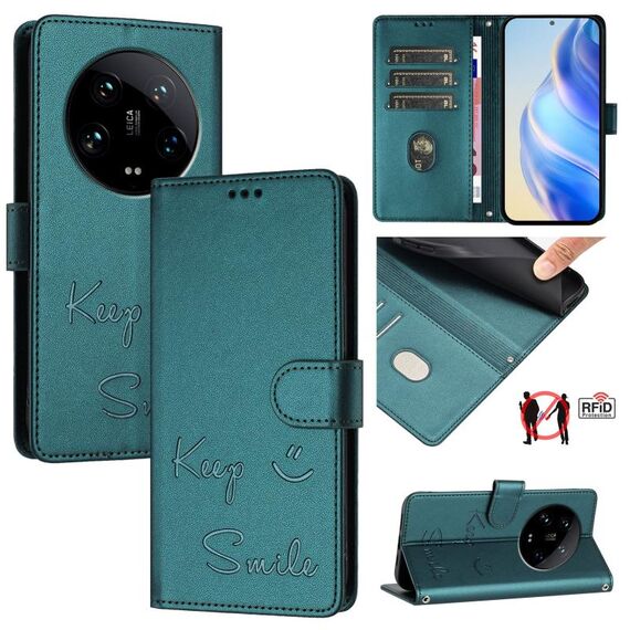 Per Xiaomi 14 Ultra Smile Embossing RFID Custodia in pelle per telefono (verde pavone)