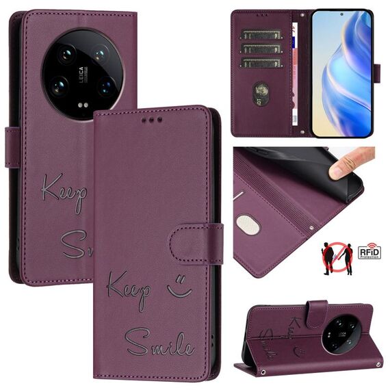 Per Xiaomi 14 Ultra Smile Embossing RFID Custodia in pelle per telefono (viola)