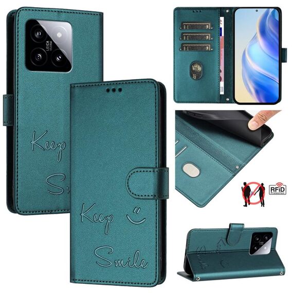 Per Xiaomi 14 Smile Embossing RFID Custodia in pelle per telefono (verde pavone)