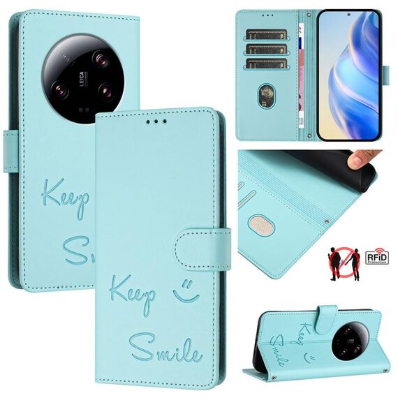 Per Xiaomi 13 Ultra Smile Embossing RFID Custodia in pelle per telefono (verde menta)