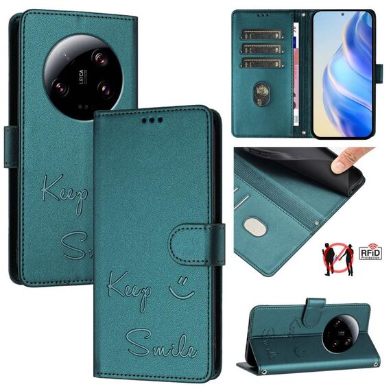 Per Xiaomi 13 Ultra Smile Embossing RFID Custodia in pelle per telefono (verde pavone)