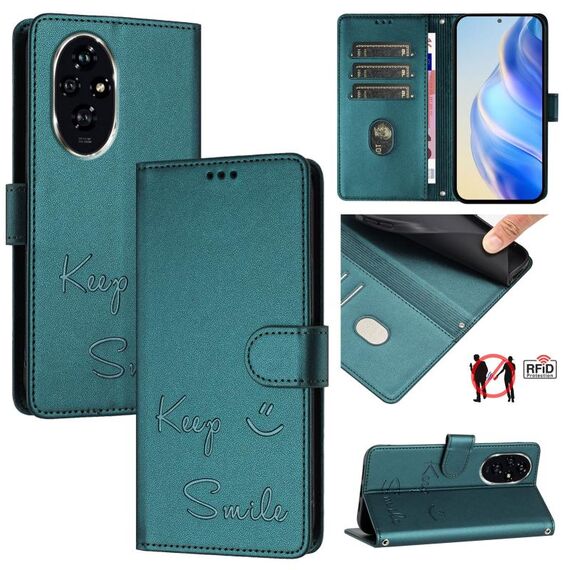 Custodia per telefono in pelle con stampa RFID per Honor 200 Pro Smile (verde pavone)