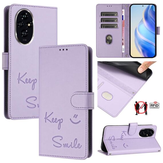 Custodia per telefono in pelle con stampa RFID per Honor 200 Pro Smile (viola chiaro)