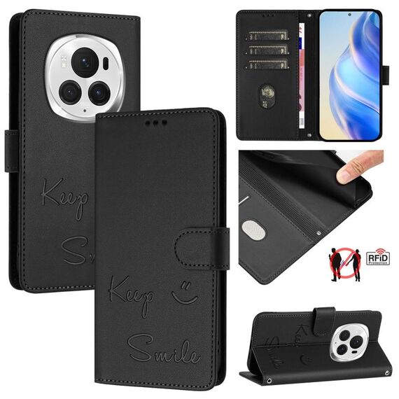 Custodia per telefono in pelle RFID con stampa Global Smile per Honor Magic6 Pro 5G (nera)