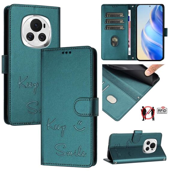 Custodia per telefono in pelle con stampa RFID Global Smile per Honor Magic6 5G (verde pavone)