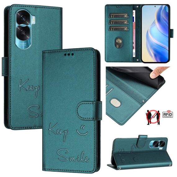 Per Honor 90 Lite 5G/X50i 5G Smile Embossing RFID Custodia in pelle per telefono (verde pavone)